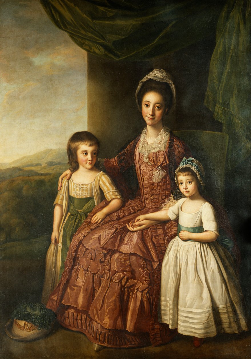 Ett gruppporträtt av Mary, grevinnan av Darnley och hennes barn, Lord Clifton och Lady Mary Bligh, alla i full längd, av Nathaniel Dance Holland