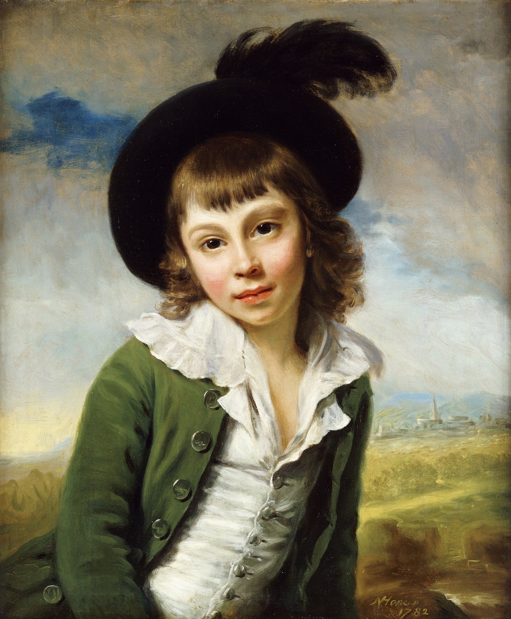 "Den gröna pojken": Ett porträtt av en pojke i halv längd, i en grön kappa och svart hatt med en fjäderplym, 1782 av Nathaniel Hone