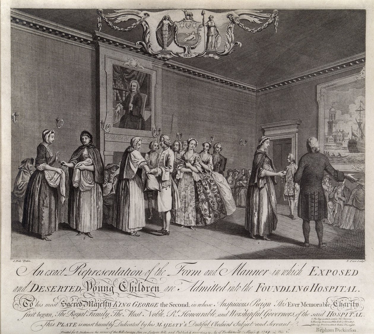 En exakt representation av den form och det sätt på vilket utsatta och övergivna barn tas in på Foundling Hospital, 1749. av Nathaniel Parr