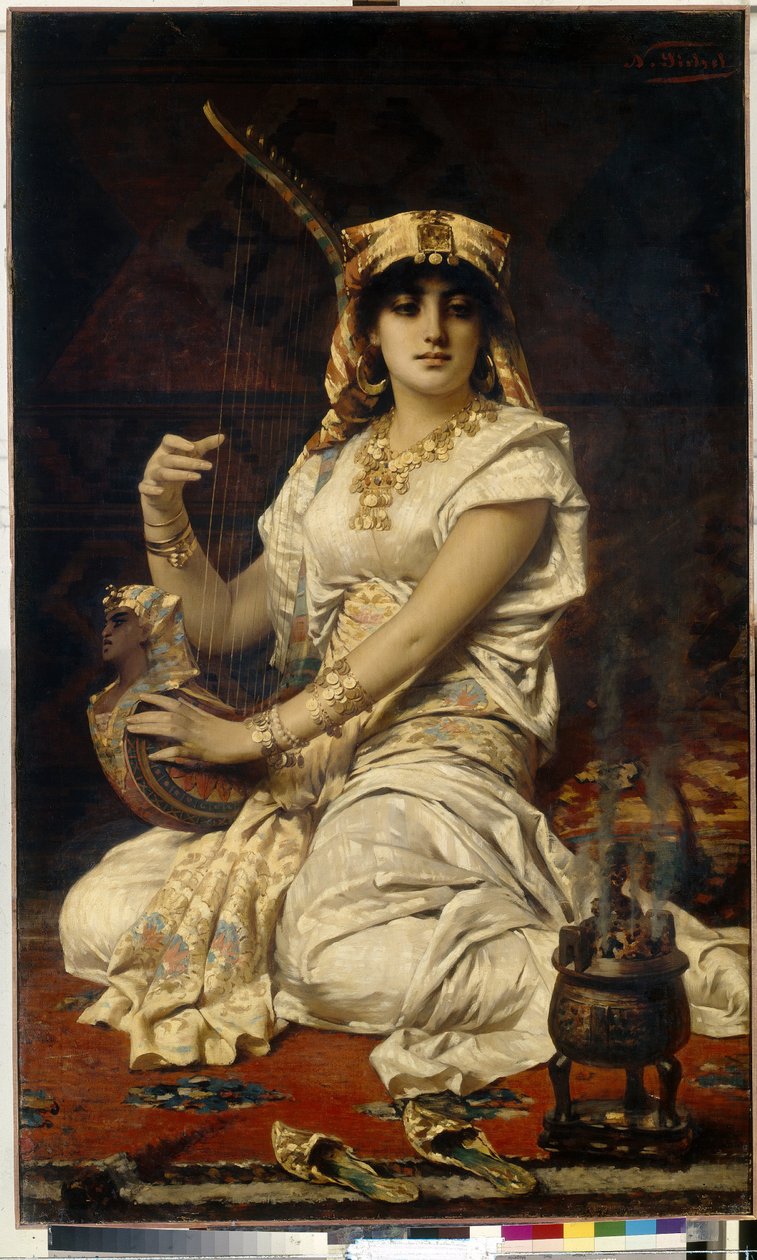 Almee (Almee). Porträtt av en vacker, lärd och utbildad kvinna som spelar musik, klädd i en egyptisk kostym. Målning av Nathaniel Sichel (1843-1907), olja på duk av Nathaniel Sichel