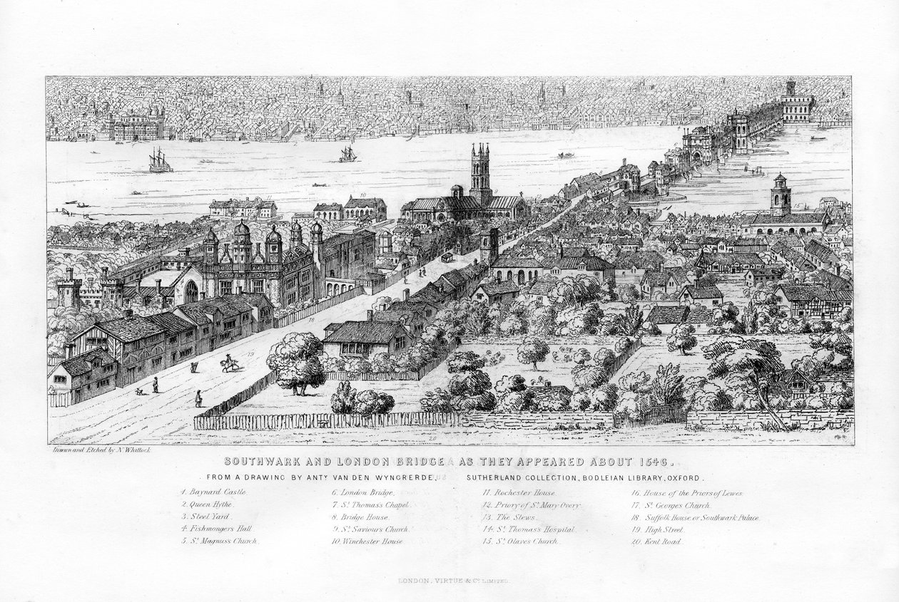 Southwark och London Bridge som de såg ut omkring 1546, c1860. av Nathaniel Whittock
