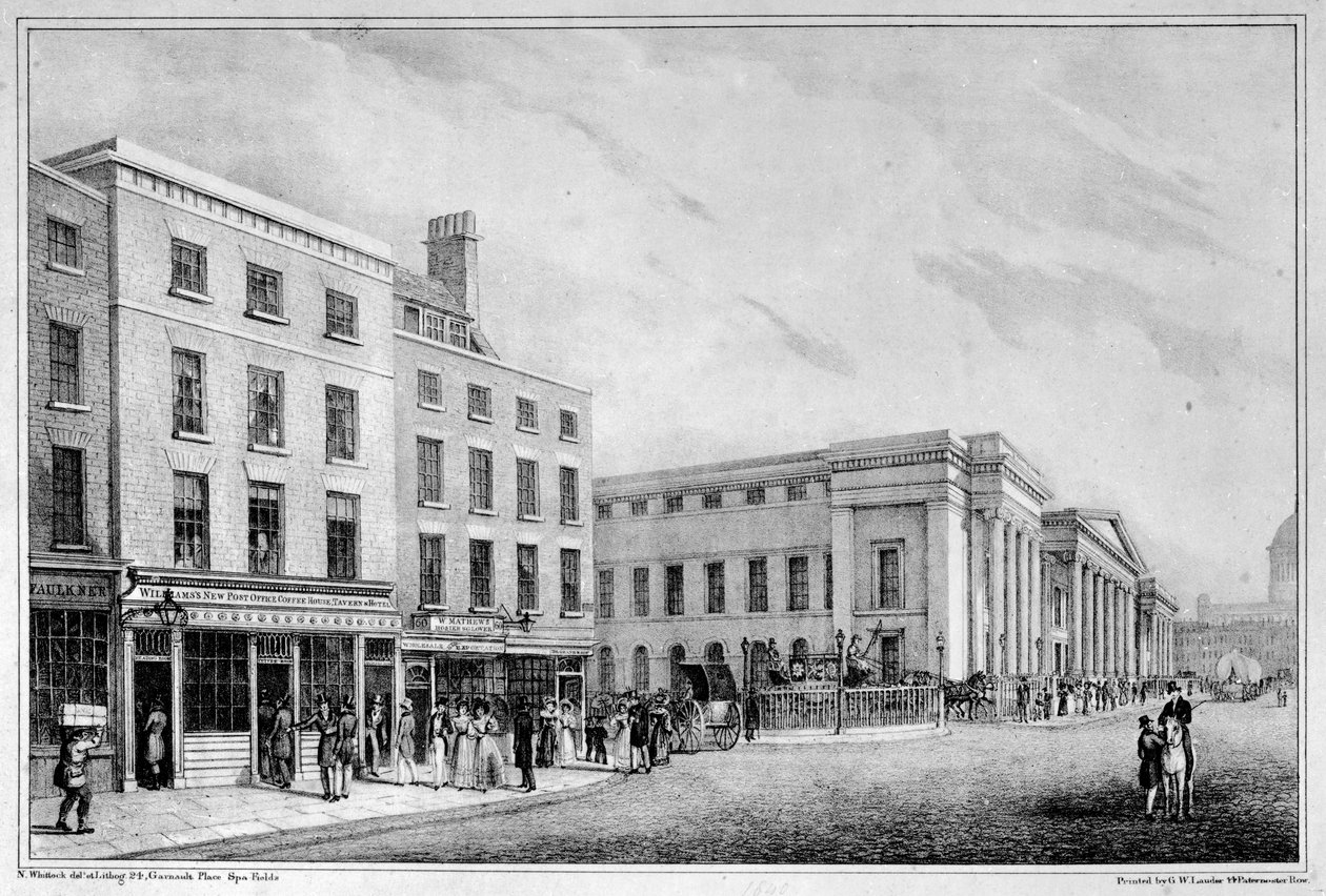 Utsikt längs Aldersgate Street och St Martin-le-Grand till St Pauls Cathedral, ca 1830 av Nathaniel Whittock