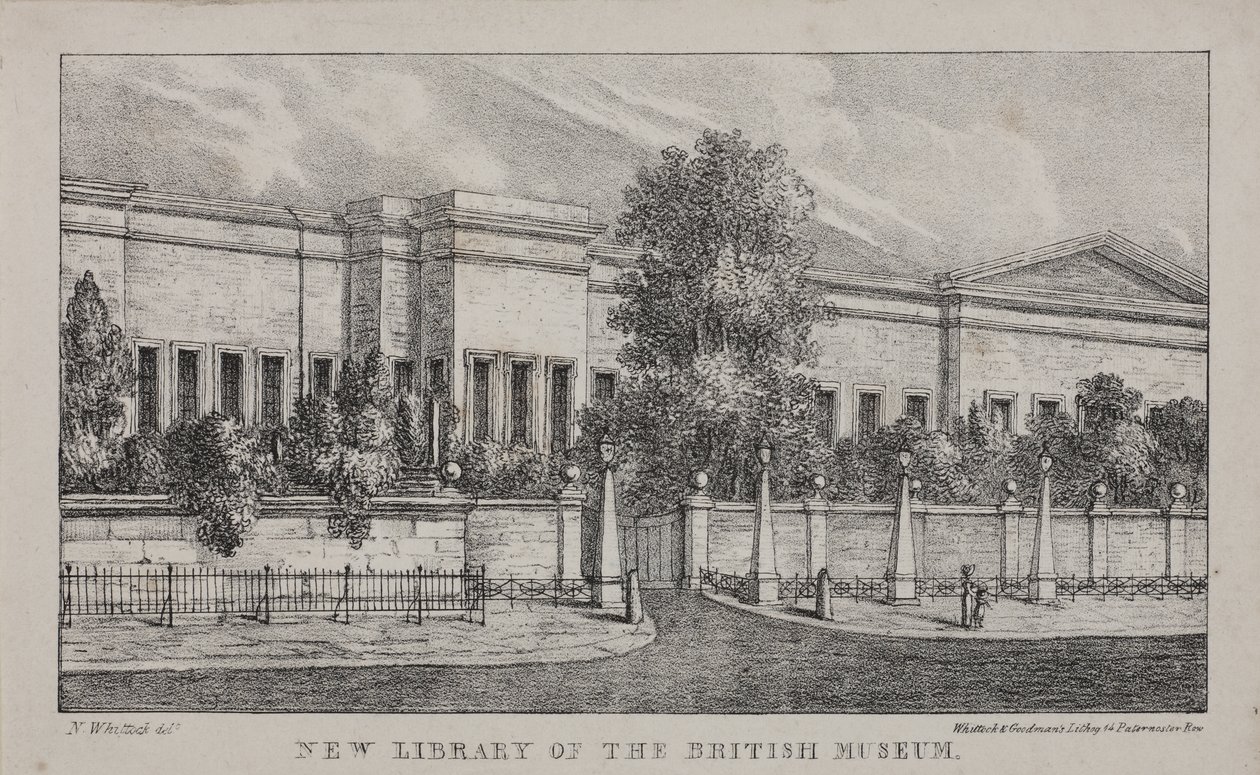 Utsikt över det nya biblioteket på British Museum, ca 1830 (litho) av Nathaniel Whittock