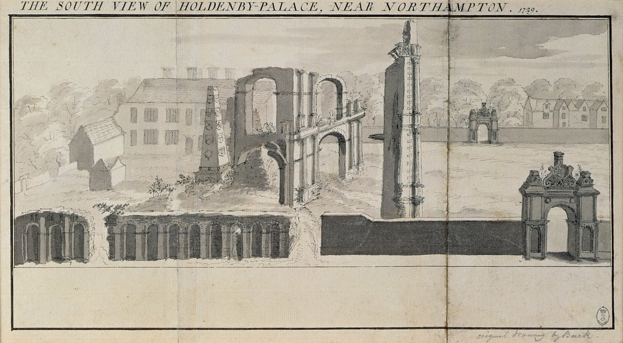 Södervy av Holdenby House och ruiner som sågs 1729 av Nathaniel and Samuel Buck