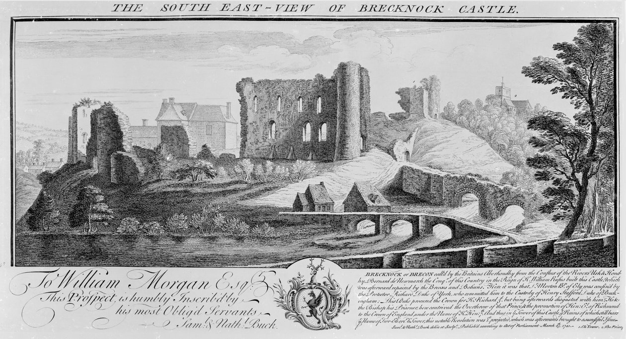 Den sydöstra utsikten över Brecknock Castle, 1741 av Nathaniel and Samuel Buck