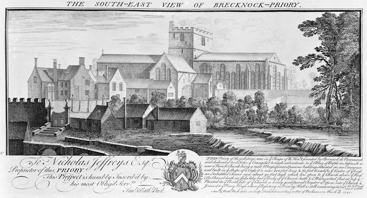 Den sydöstra utsikten över Brecknock Priory, 1741 av Nathaniel and Samuel Buck