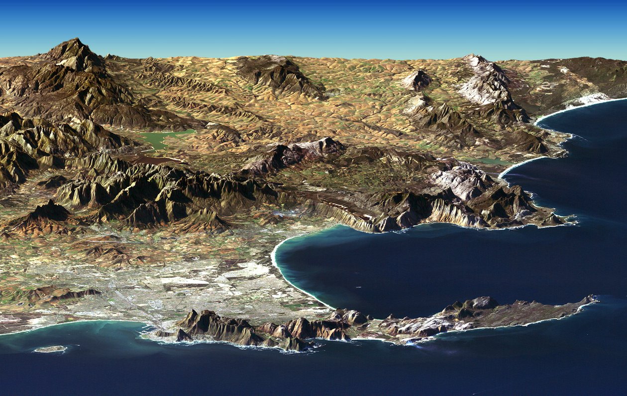 Kapstaden och Godahoppsudden, Sydafrika, i förgrunden av perspektivvy genererad från Landsat satellitbild och höjddata från Shuttle Radar Topography Mission (SRTM). Kredit NASA av National Aeronautics and Space Administration National Aeronautics and Space Administration