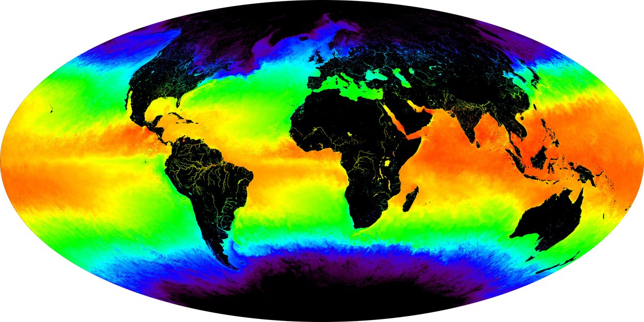 Kreditbild med tillstånd: MODIS Ocean Group, NASA GSFC och University of Miami: havsytans temperatur visas i falska färgbilder. en månads sammansättning för maj 2001. Rött och gult indikerar varmt av National Aeronautics and Space Administration National Aeronautics and Space Administration