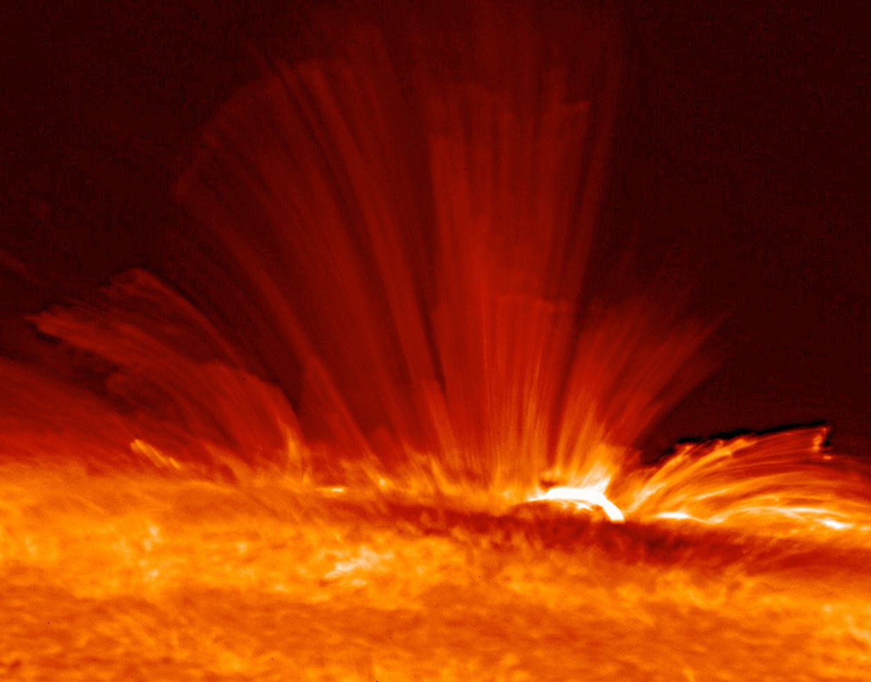 Solfläck med streamers av superhet, elektriskt laddad gas (plasma) bågar från solens yta och avslöjar strukturen hos solens magnetfält. Kredit NASA. av National Aeronautics and Space Administration National Aeronautics and Space Administration