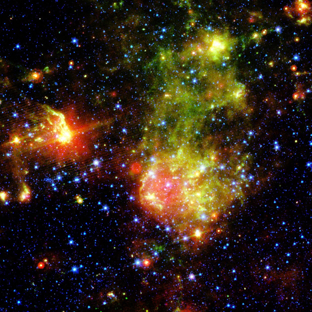 Supernovarest 1E0102.2-7219 bredvid Nebula N76 i ett ljust, stjärnbildande område av det lilla magellanska molnet, som ligger cirka 200 000 ljusår från jorden. Kredit NASA. Vetenskap Astronomi av National Aeronautics and Space Administration National Aeronautics and Space Administration