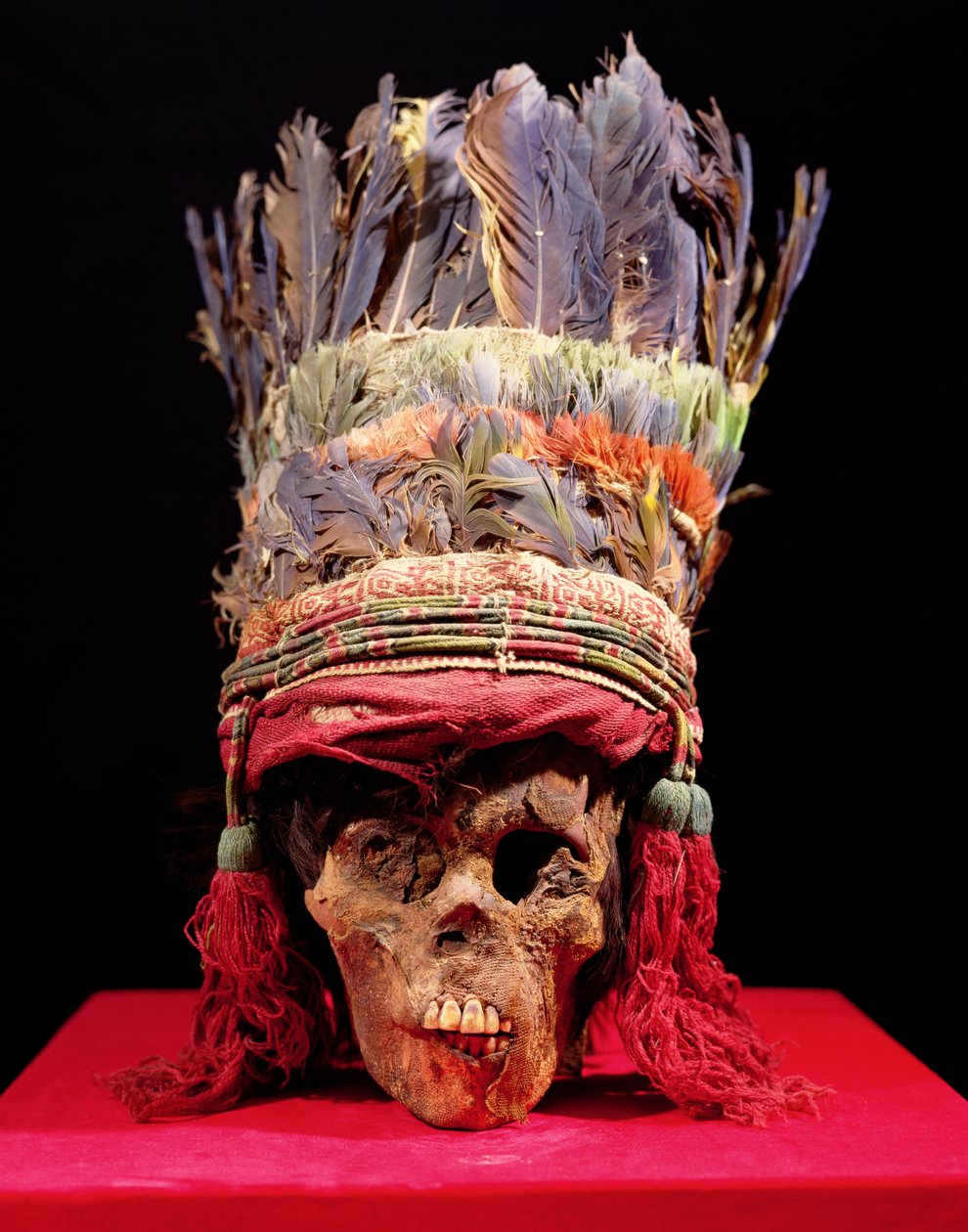 Fjädrad huvudbonad på en skalle, från Peru (fjäder) av Nazca Culture