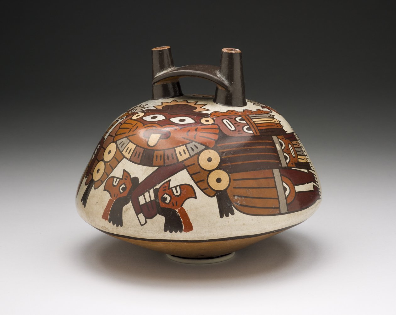 Fartyg som föreställer en maskerad krigare som håller troféhuvuden, 180 f.Kr.-A.D. 500 av Nazca Culture