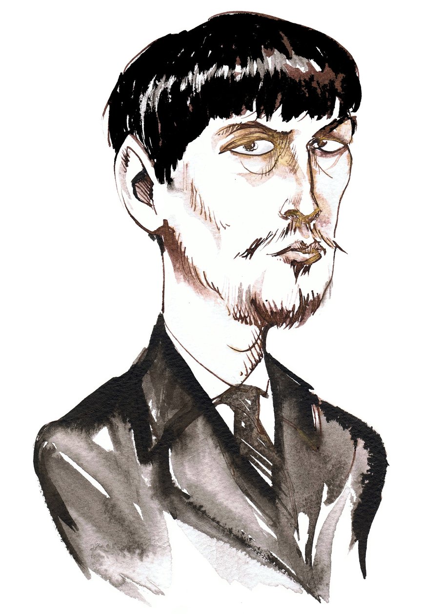 Achille-Claude Debussy, fransk kompositör (1862-1918), bläckkarikatyr som ung man av Neale Osborne