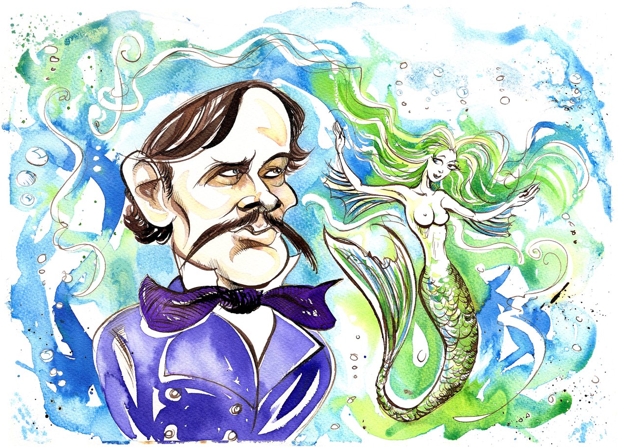 Alexander Dargomyzhsky - karikatyr av rysk kompositör med illustration av operan Rusalka (1855) av Neale Osborne