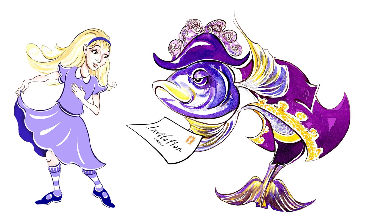 Alice och fiskfotsman - illustration till Lewis Carrolls Alices Adventures in Wonderland (1865), 2005 av Neale Osborne