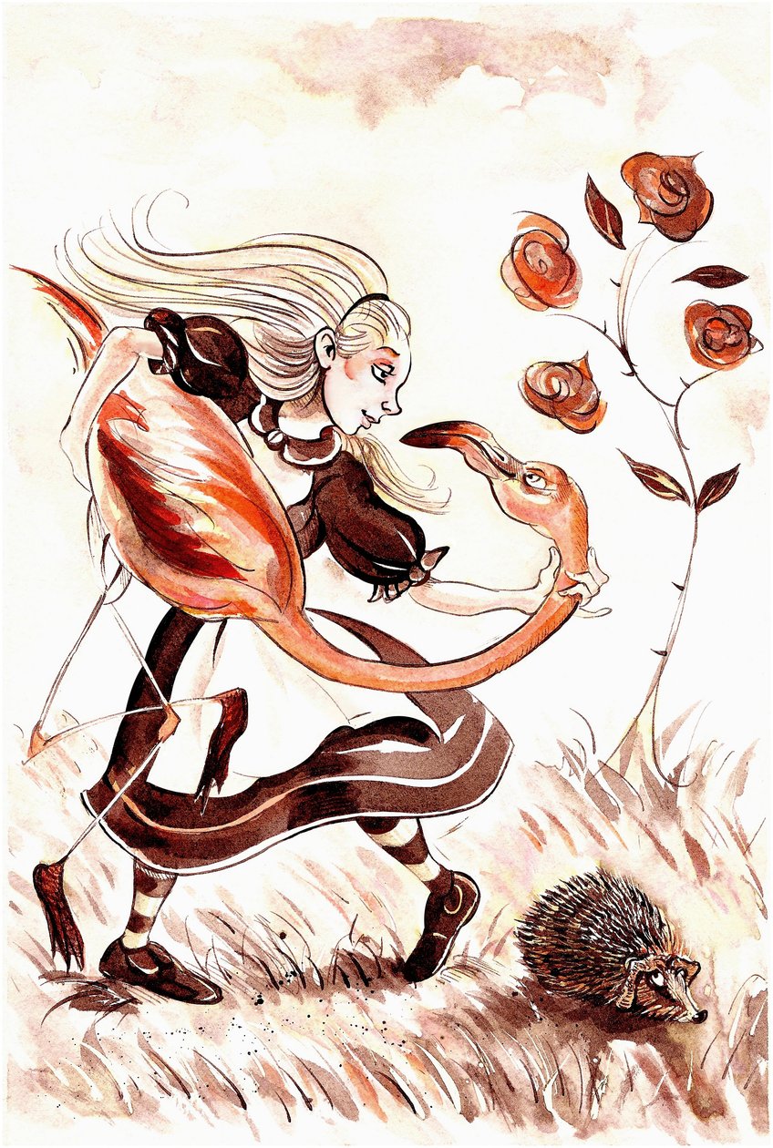 Alice med en flamingoklubba - illustration till Lewis Carrolls Alices Adventures in Wonderland (1865), 2005 av Neale Osborne