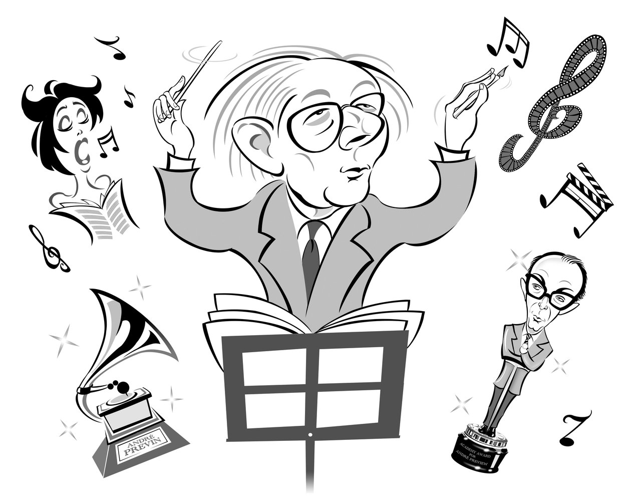 Andre Previn, tyskfödd amerikansk pianist, kompositör och dirigent (född 1929); karikerad dirigering och skrivande av filmmusik; med Eric Morecambe som en Oscar med hänvisning till Previns uppträdande av Neale Osborne