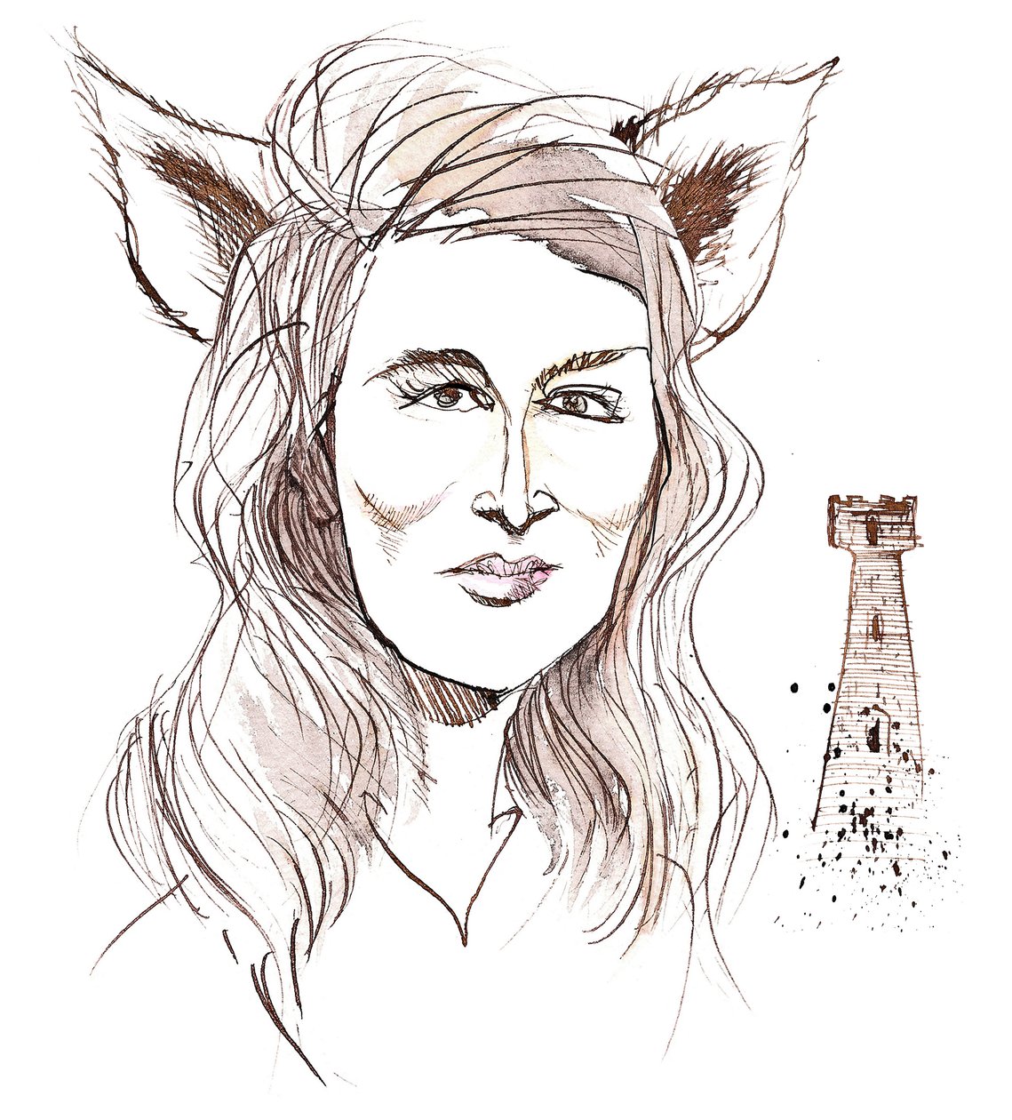 Angela Carter, engelsk författare och journalist; karikerad med vargöron med hänvisning till hennes berättelse The Company of Wolves från boken The Bloody Chamber (1979) av Neale Osborne