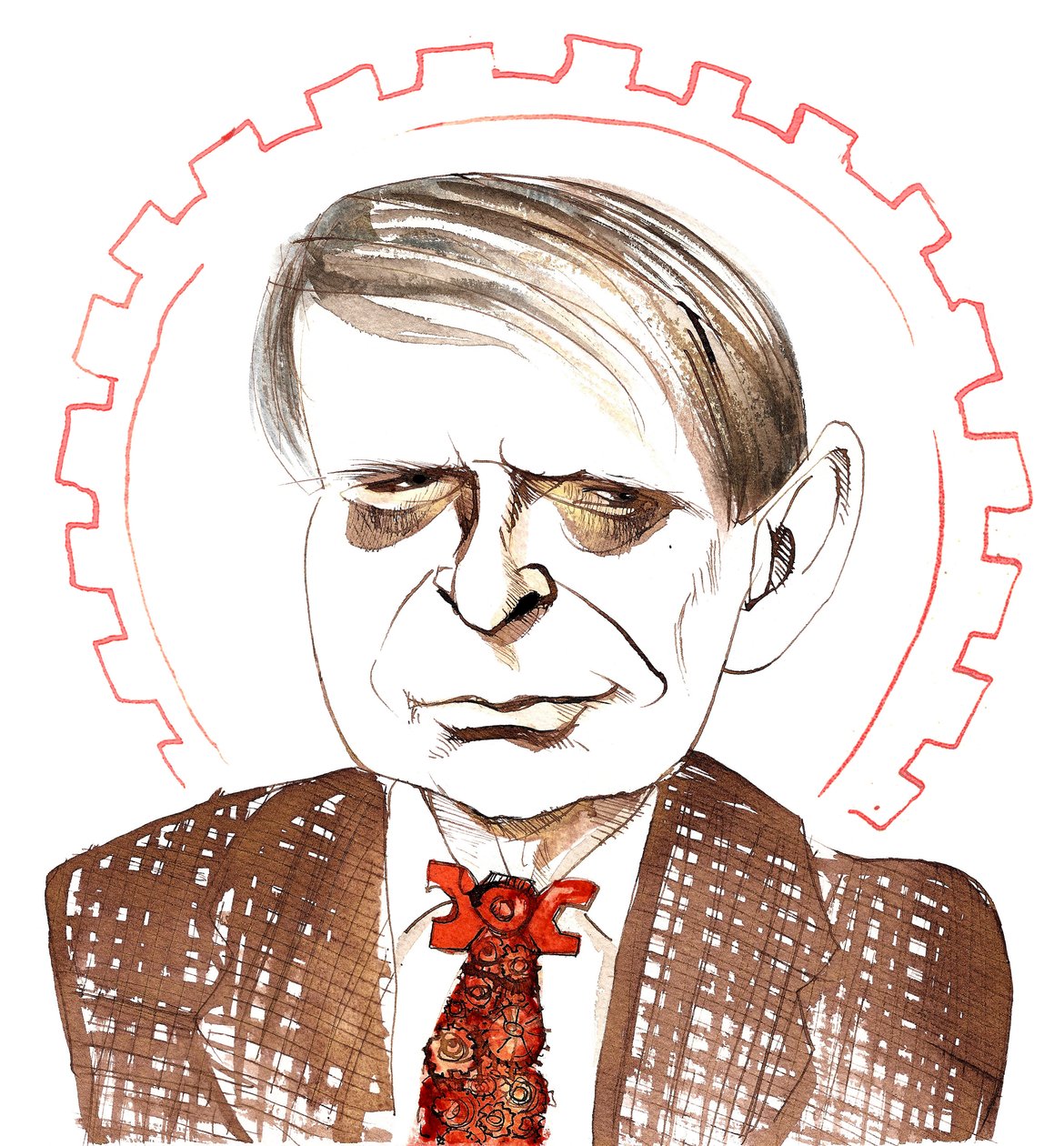 Anthony Burgess, engelsk romanförfattare, kritiker, poet, dramatiker, översättare och kompositör; karikerad med urverksorange slips, med hänvisning till hans novell A Clockwork Orange (1962) AB: 25 februari 1917 av Neale Osborne