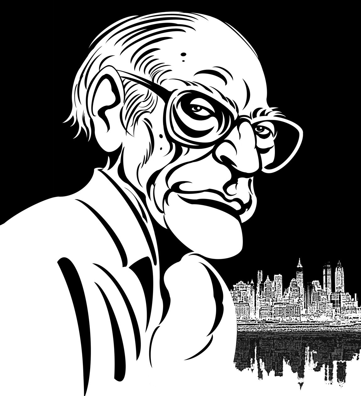 Arthur Miller, amerikansk dramatiker (1915-2005); svartvit karikatyr av Neale Osborne