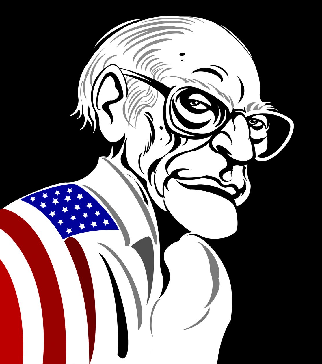 Arthur Miller, amerikansk dramatiker (1915-2005); svart-vit - färg karikatyr, draperad i amerikansk flagga av Neale Osborne