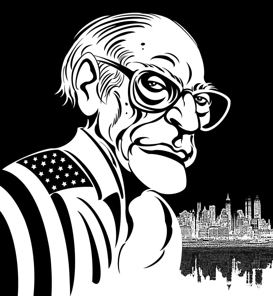 Arthur Miller, amerikansk dramatiker (1915-2005); svart-vit karikatyr, draperad i amerikansk flagga av Neale Osborne