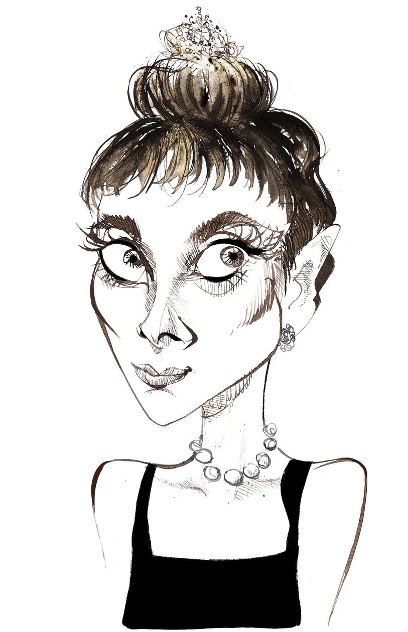 Audrey Hepburn (1929-1993) Belgisk-född skådespelerska, färgkarikatyr som Holly Golightly från filmen Breakfast at Tiffanys från 1961 (regisserad av Blake Edwards) av Neale Osborne