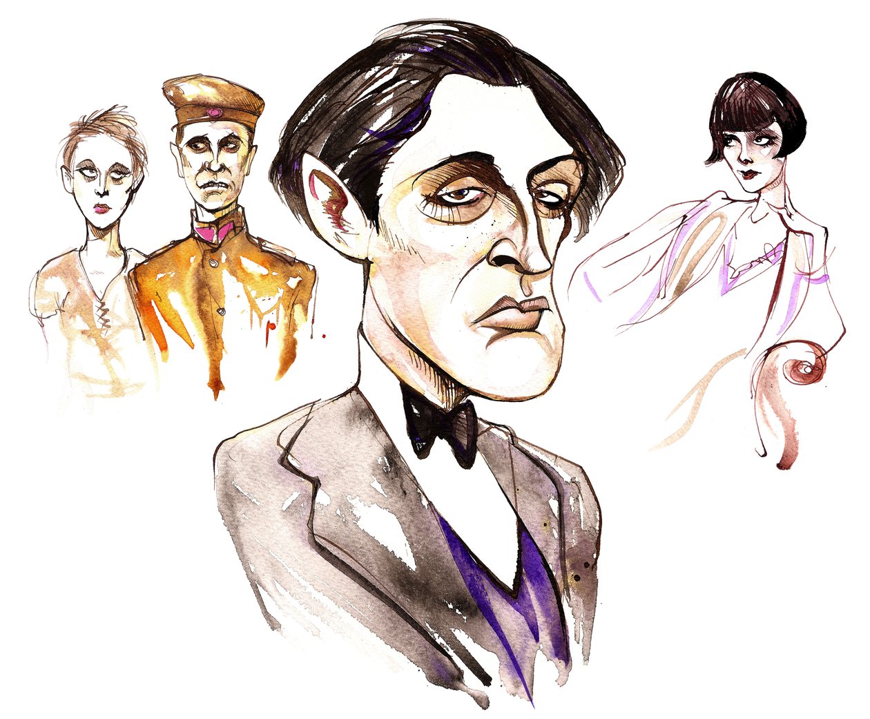 Den österrikiske kompositören Alban Berg (1885-1935); karikatyr med karaktärer från hans två operor: Wozzeck från 1925 och Lulu från 1935. av Neale Osborne