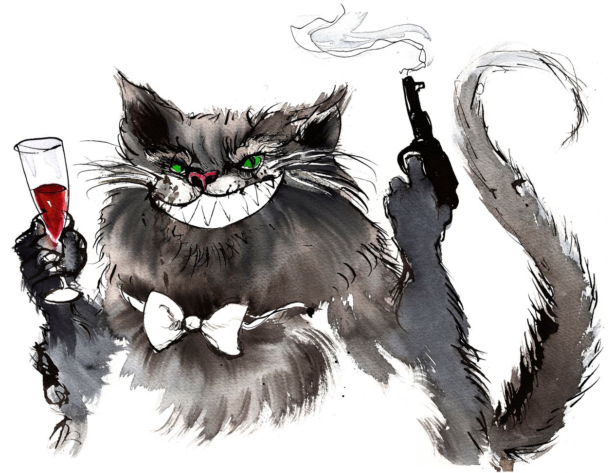 Behemoth med pistol och jättekatt från Mästaren och Margarita av Michail Bulgakov (rysk dramatiker och författare, 1891-1940); bläck och akvarell, 2015 av Neale Osborne