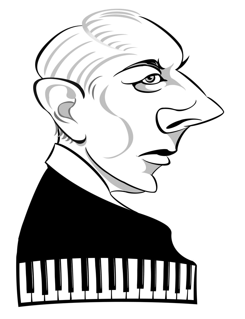 Bela Bartok - ungersk kompositör och pianist (1881-1945); svartvit karikatyr av Neale Osborne