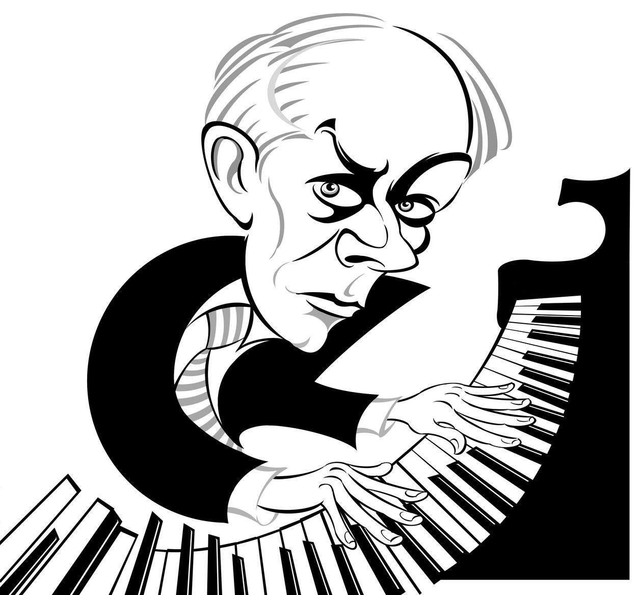 Bela Bartok ungersk kompositör och pianist (1881 - 1945); svartvit karikatyr vid pianot av Neale Osborne