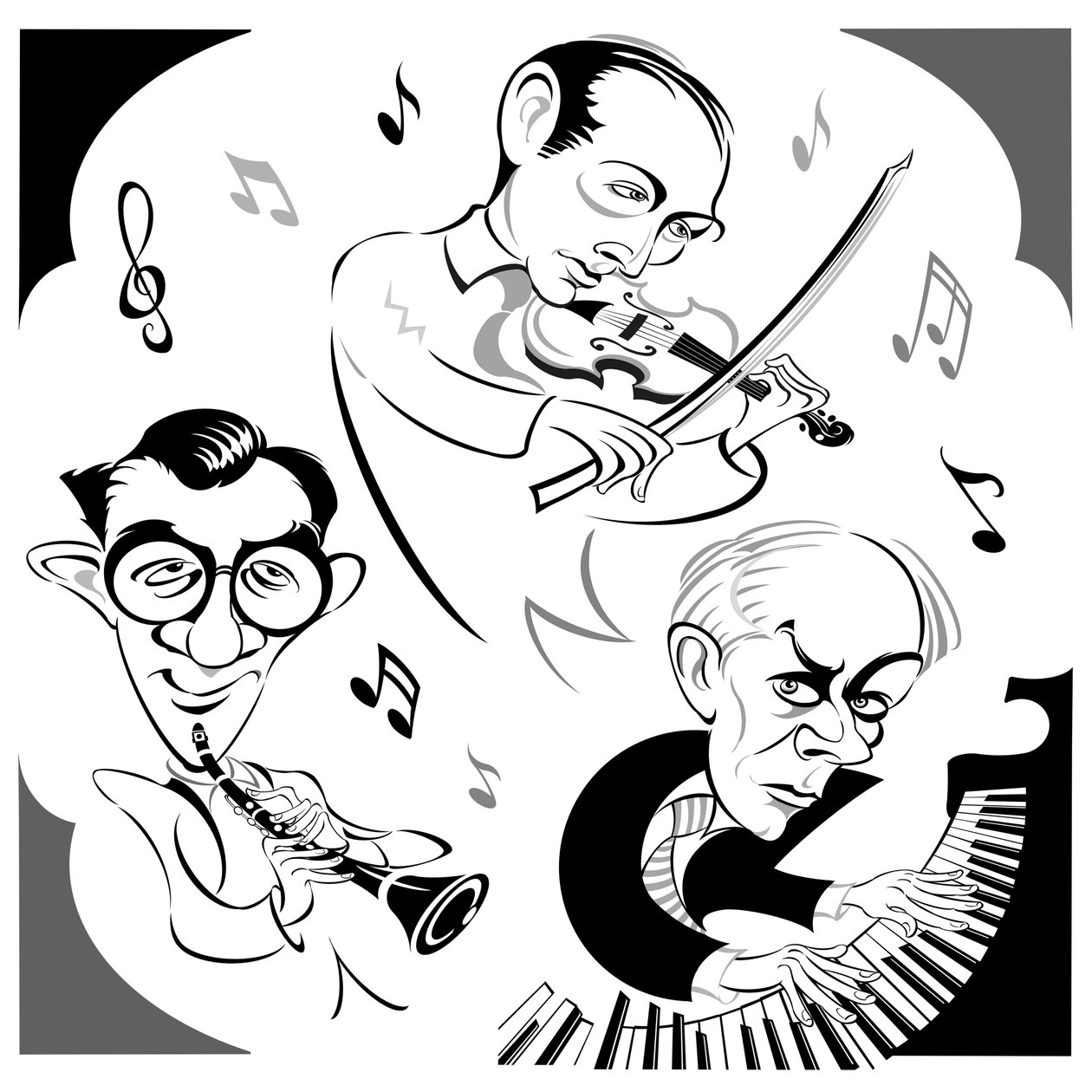 Bela Bartok vid pianot, den amerikanska klarinettisten Benny Goodman (1909-86) och den ungerske violinisten Joseph Szigeti (1892-1973), trion som gjorde premiärinspelningen av Contrasts 1940 - en kammarpaj. av Neale Osborne