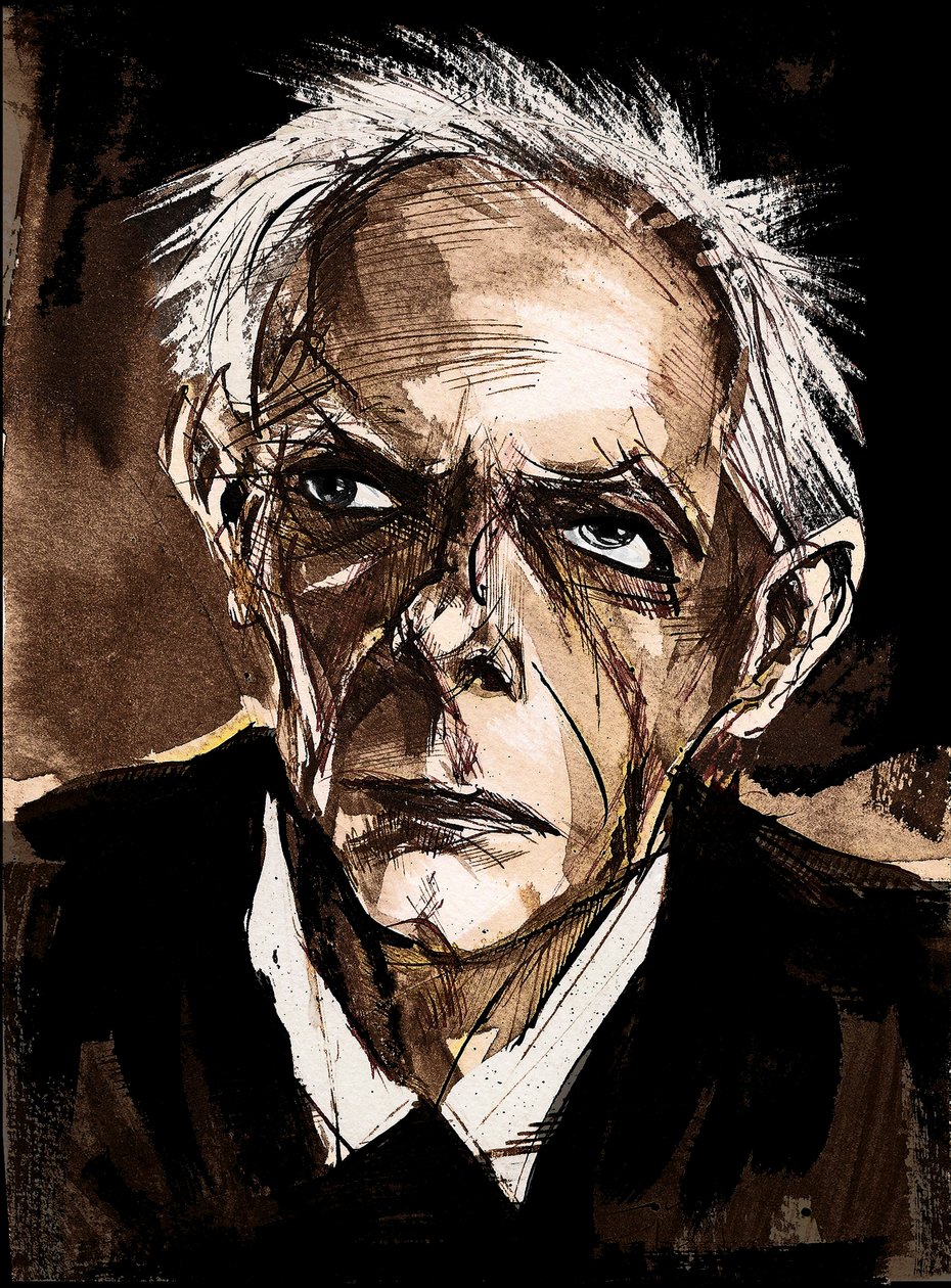 Bela Bartok av Neale Osborne, karikatyr i penna och vattenfärg av Neale Osborne