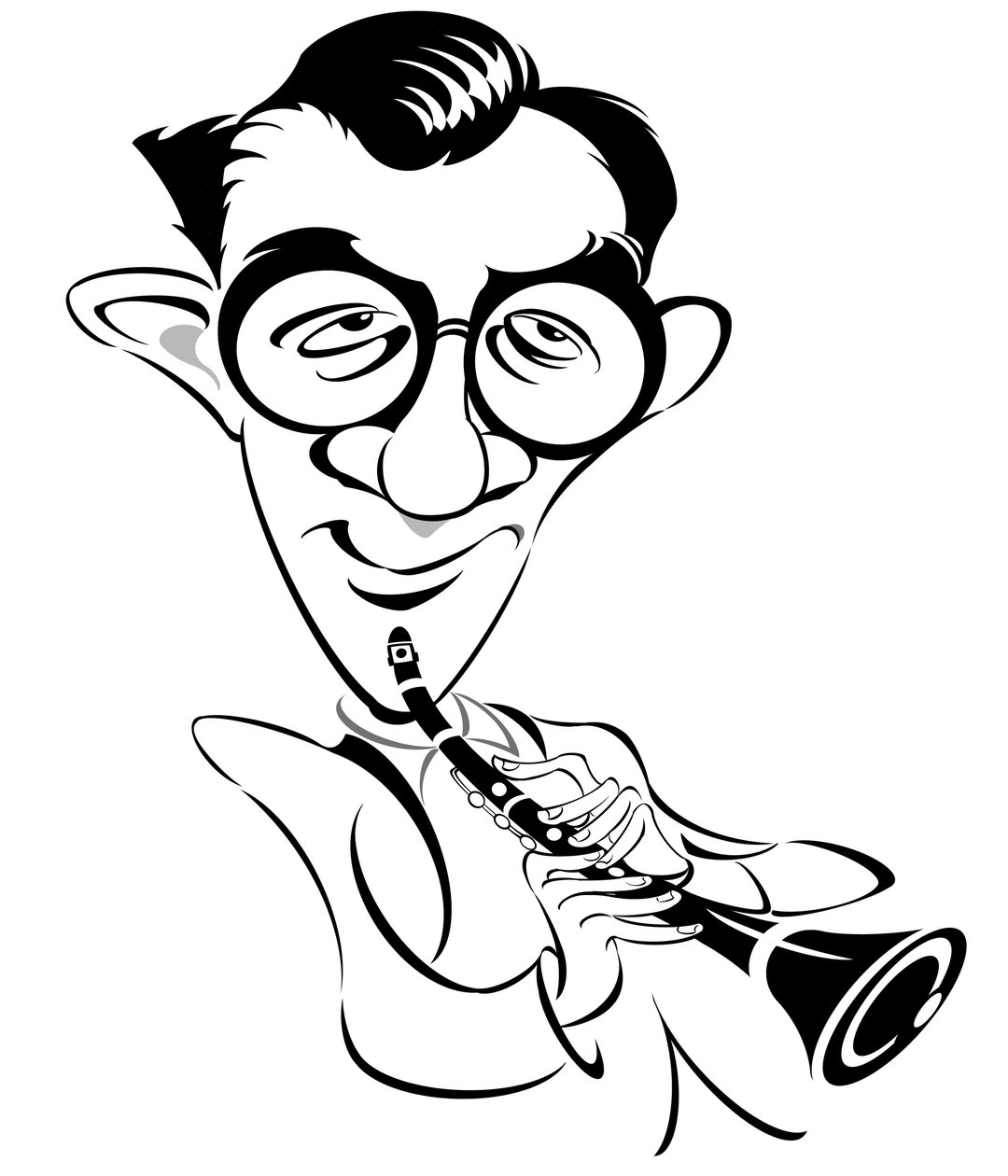 Benny Goodman - amerikansk jazz- och swingmusiker, klarinettist och bandledare, känd som The King of Swing (1909 - 1986); karikatyr av Neale Osborne