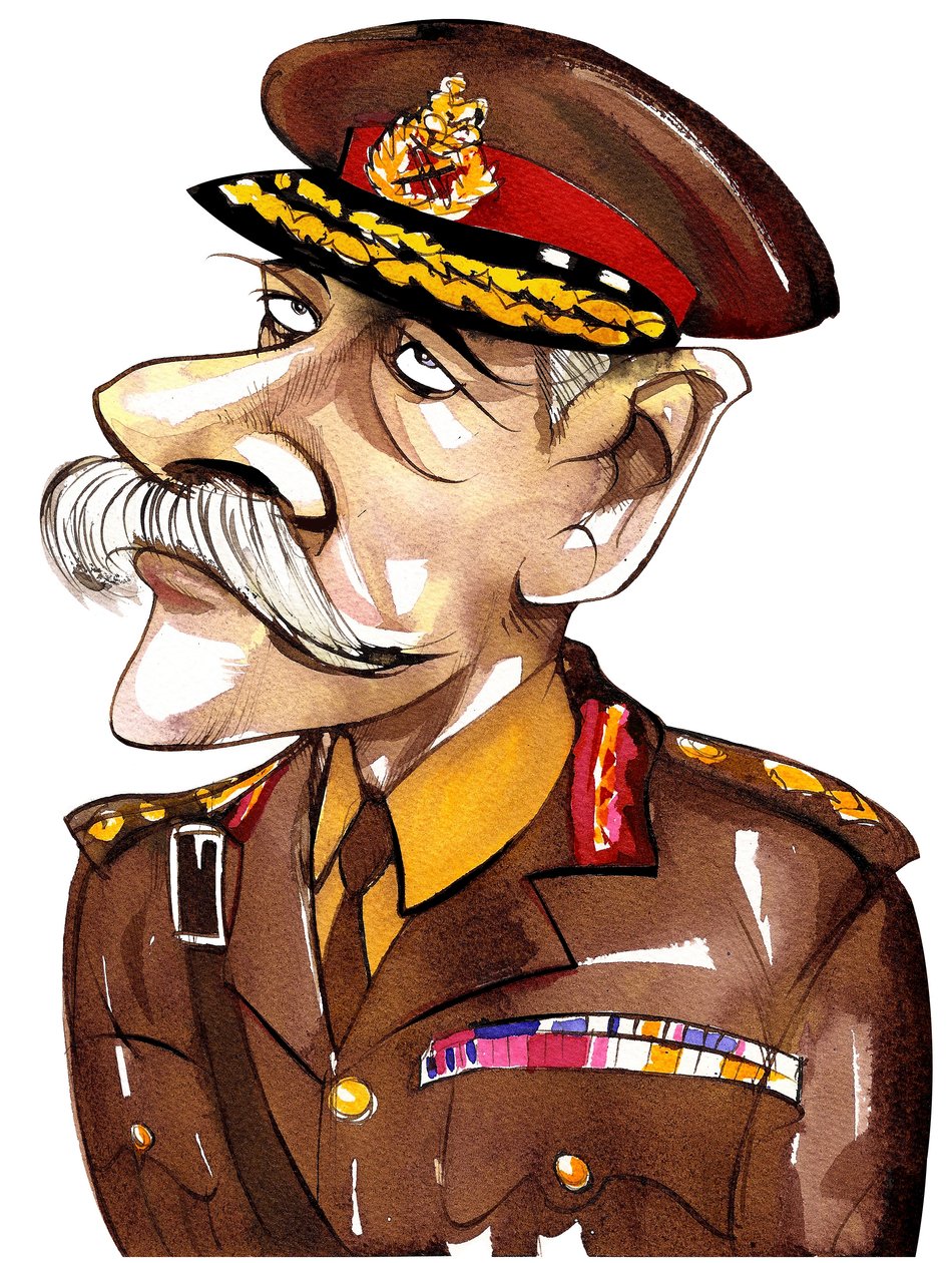 Brittisk fältmarskalk, förste earl Haig av Bernersyde (1861-1928); färgkarikatyr i arméuniform av Neale Osborne