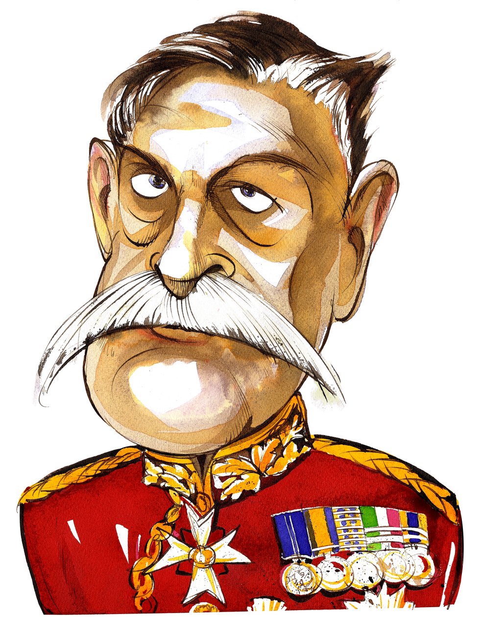 Brittisk fältmarskalk, förste earl Haig av Bernersyde (1861-1928); färgkarikatyr i uniform av Neale Osborne