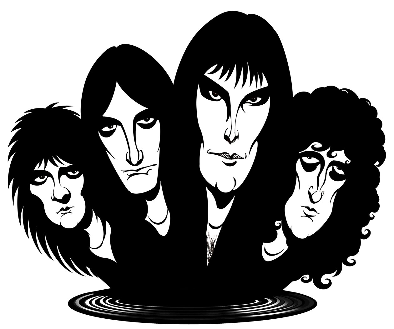 Brittiskt rockband bildades 1971; karikerad från vänster till höger: Roger Taylor (trummis, sångare, 26 juli 1949 - av Neale Osborne