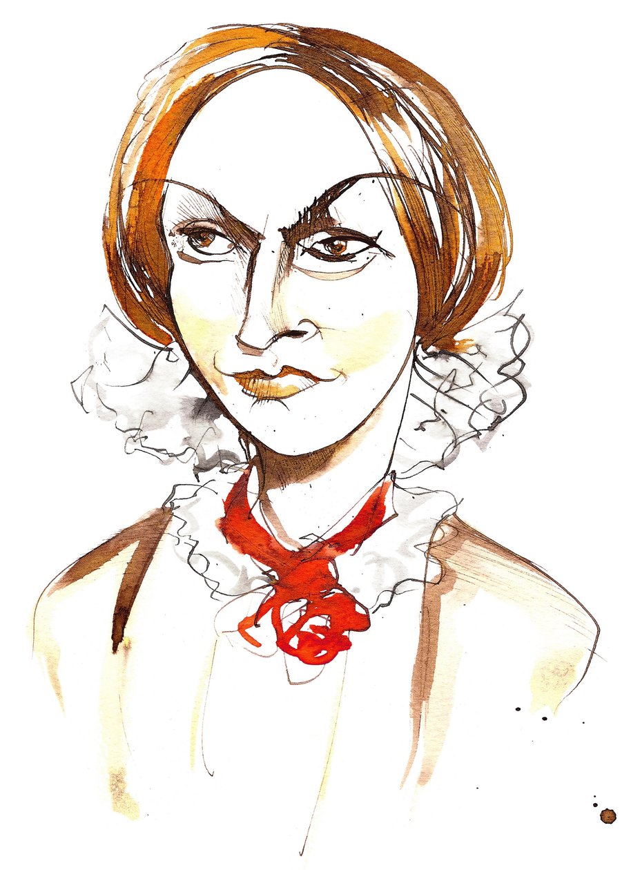 Charlotte Bronte - engelsk romanförfattare och poet (1816 - 1855); färgkarikatyr av Neale Osborne