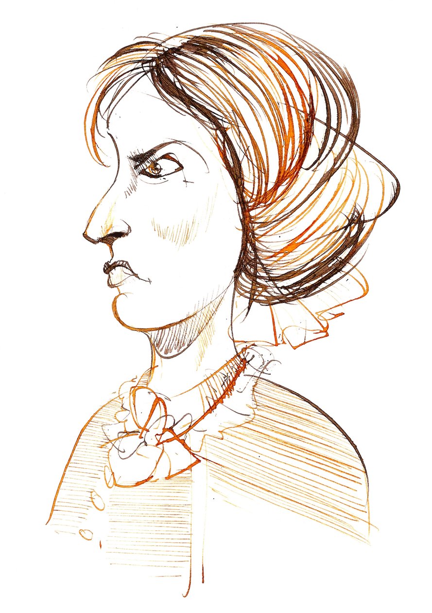 Charlotte Bronte - engelsk romanförfattare och poet (1816 - 1855); karikatyr i profil av Neale Osborne