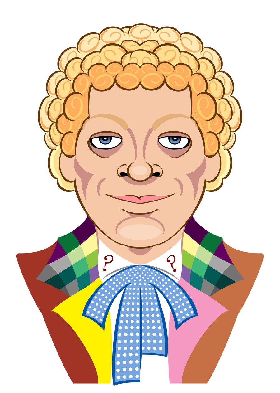 Colin Baker som Doctor Who - karikatyr av Neale Osborne