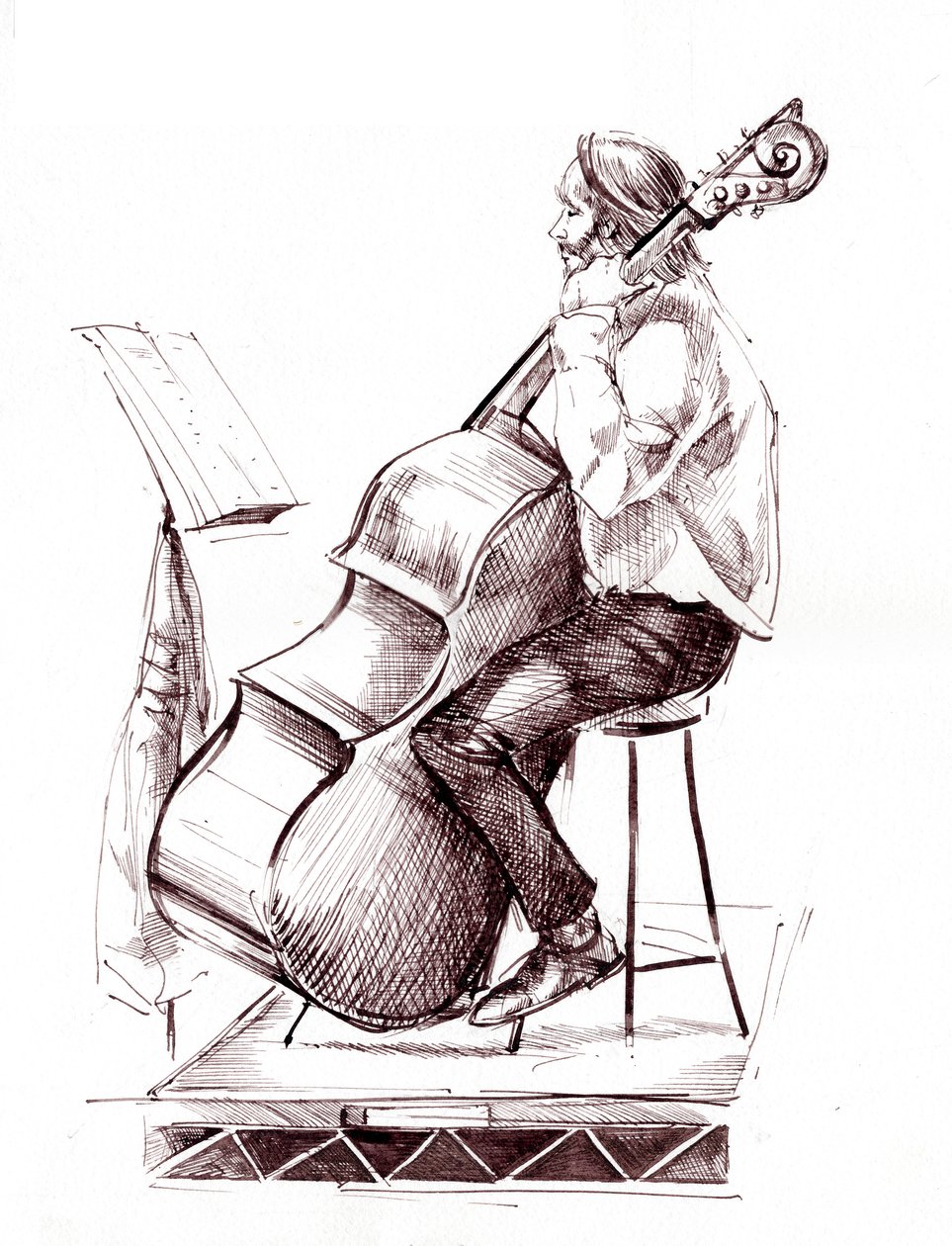 Kontrabassist - bläckritning av en medlem av City of Birmingham Symphony Orchestra (CBSO) som spelar kontrabas av Neale Osborne