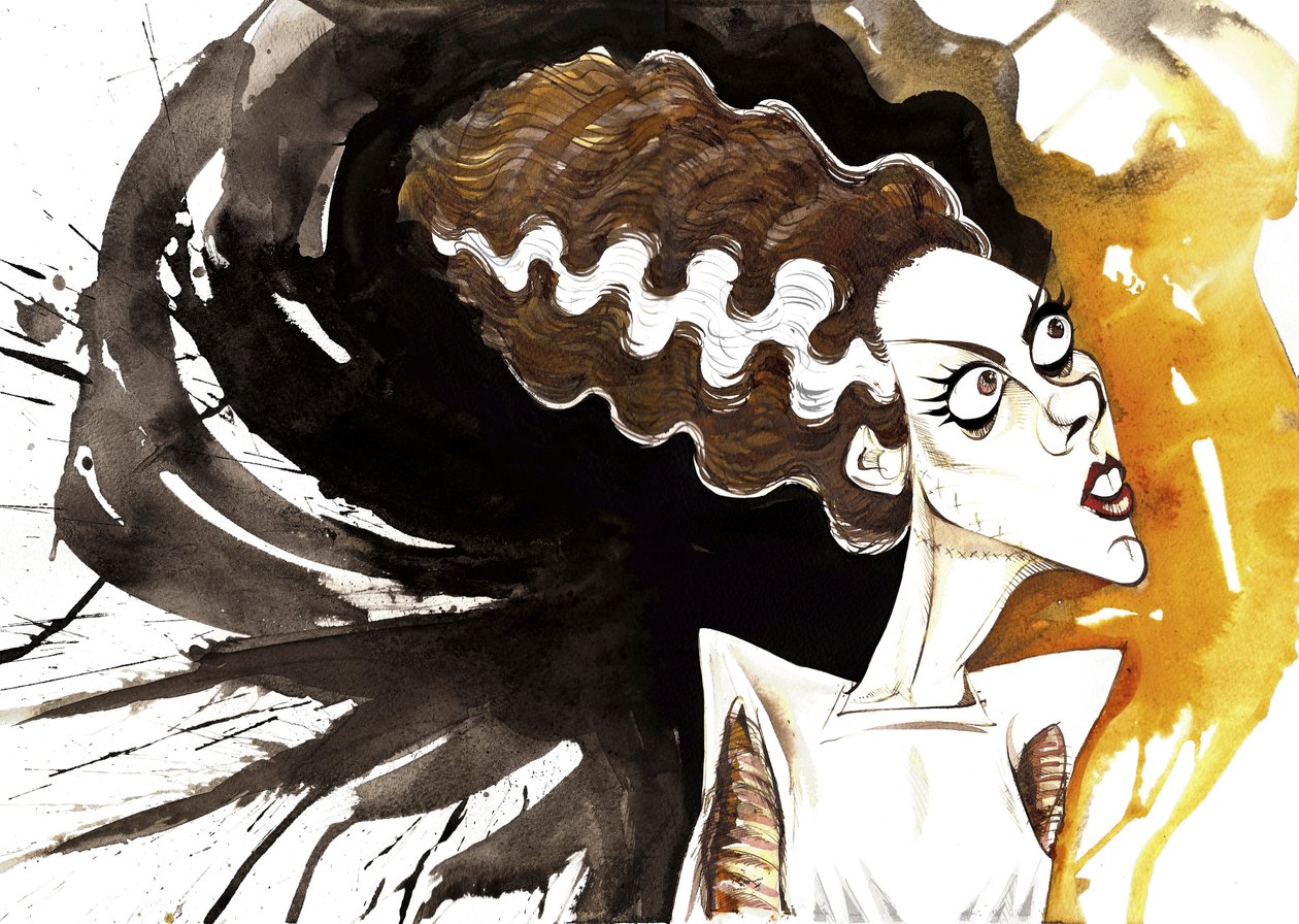 Elsa Lanchester, engelsk skådespelerska (1902 - 1986); karikerad som bruden från filmen Bride of Frankenstein från 1935, regisserad av James Whale (engelsk skådespelare och regissör, 1889-1957) av Neale Osborne