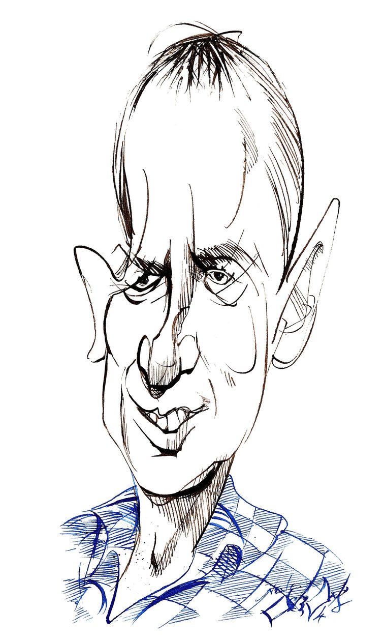 Frank Skinner - karikatyr av engelsk komiker, skådespelare, författare och programledare, född 1957 av Neale Osborne