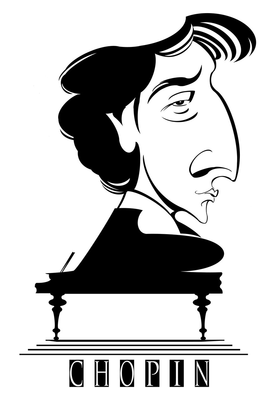 Frederic Chopin, fransk - polskfödd kompositör och pianist (1810-49), bw grafisk karikatyr med piano av Neale Osborne