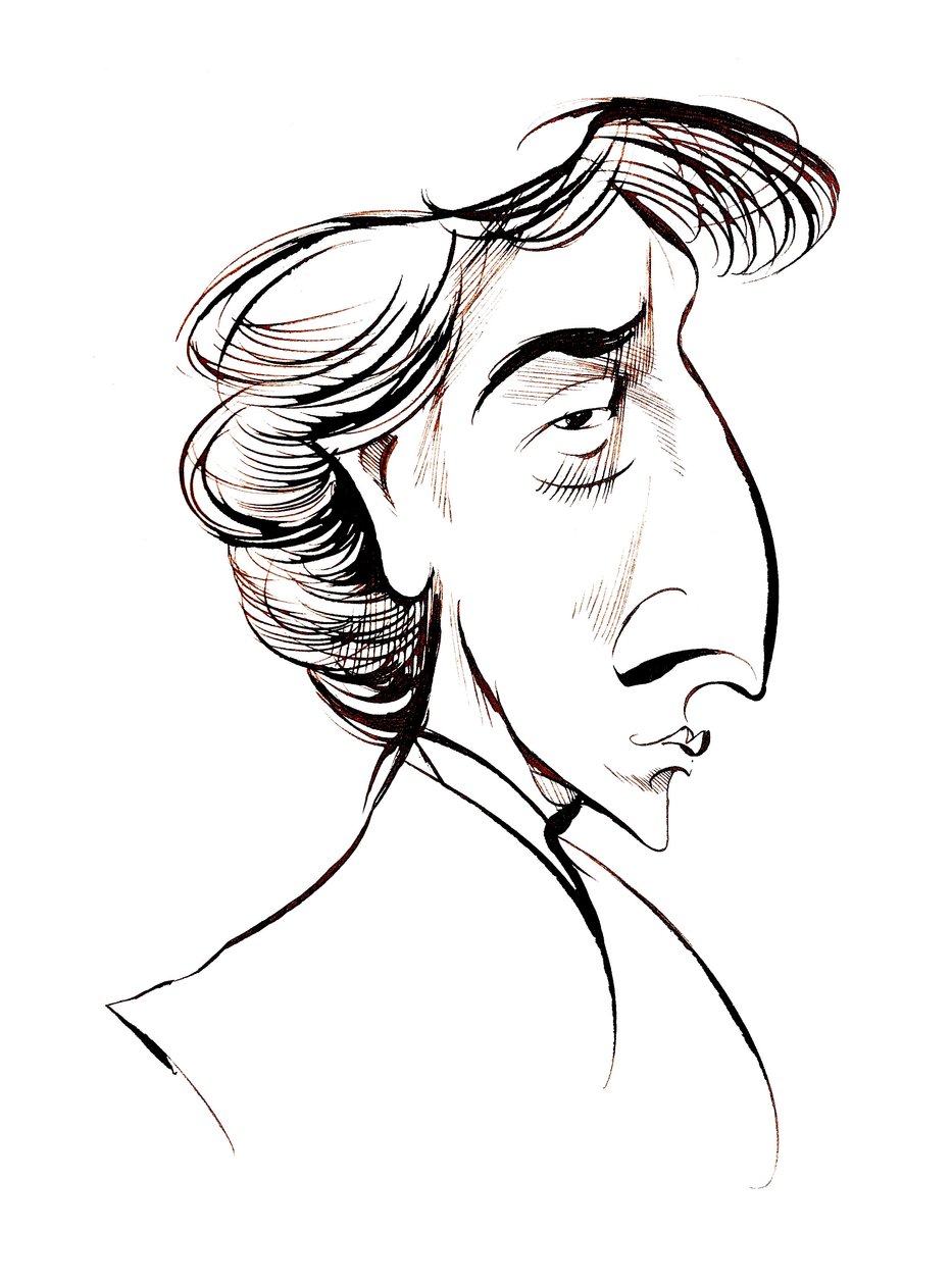 Frederic Chopin, fransk - polskfödd kompositör och pianist sepia line karikatyr av Neale Osborne