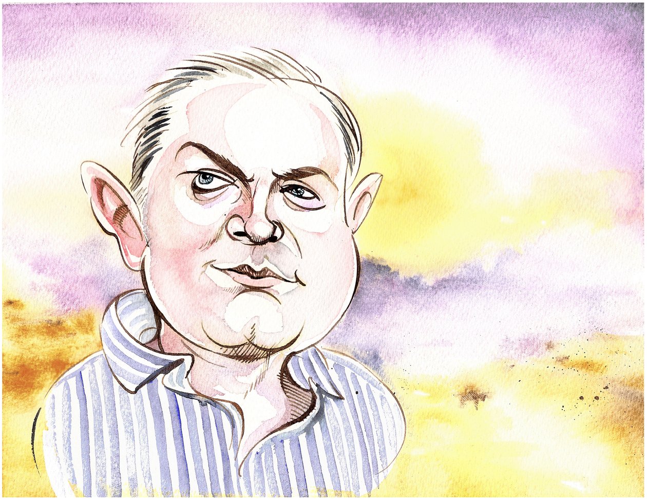 George Benjamin - karikatyr med bakgrundslandskap, en referens till At First Light, Benjamins orkesterverk från 1982 av Neale Osborne