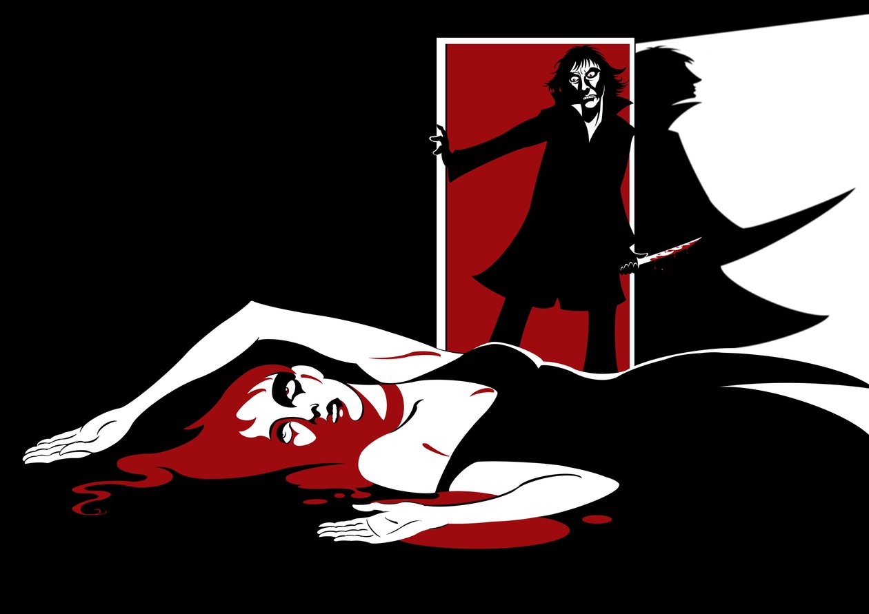 Illustration till slutscenen av Lulu, opera från 1935 av Alban Berg (österrikisk kompositör, 1885-1935) baserad på Frank Wedekinds pjäser Erdgeist (1895) och Die Büchse der Pandora (Pandoras Box, 1901) av Neale Osborne