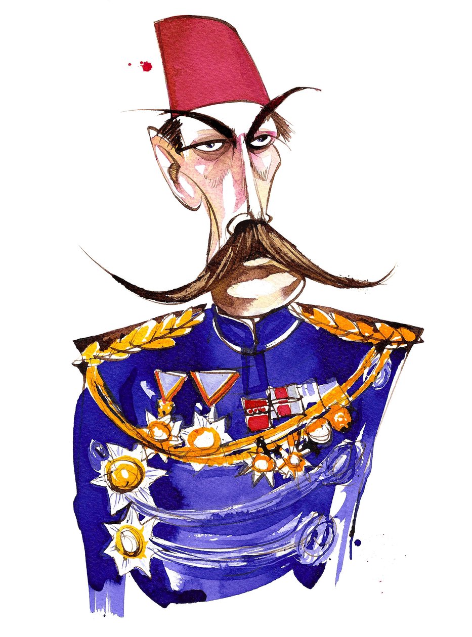 Irländskfödd, brittisk fältmarskalk, First Earl Kitchener, färgkarikatyr i uniform och fez av Neale Osborne