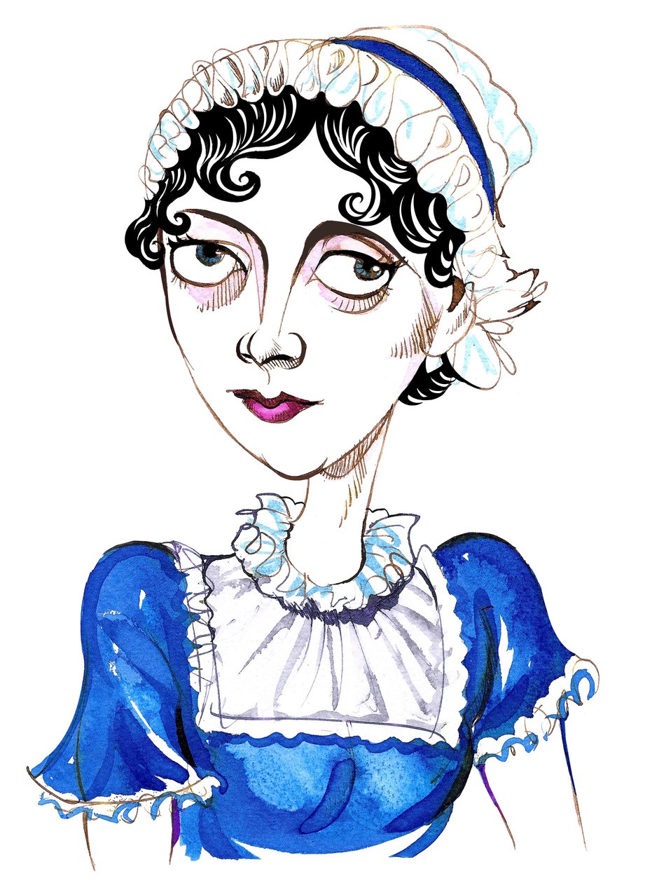Jane Austen, engelsk romanförfattare, (1775-1817) karikatyr av Neale Osborne