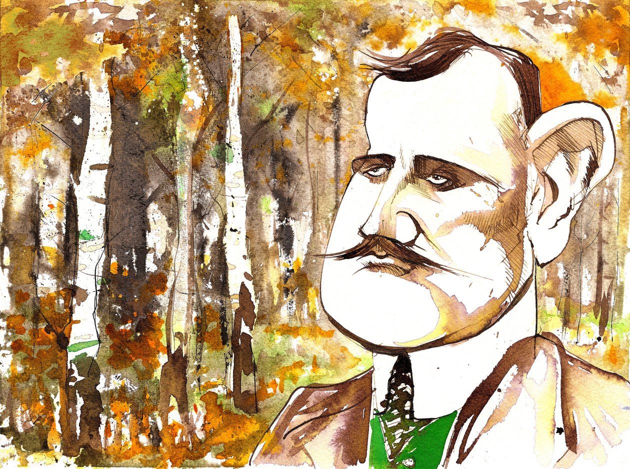 Jean Sibelius, karikerad som yngre av Neale Osborne
